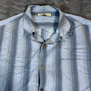 Tommy Bahama Mens Silk Camp Shirt Hawaiian Striped Short Sleeve Button Up L